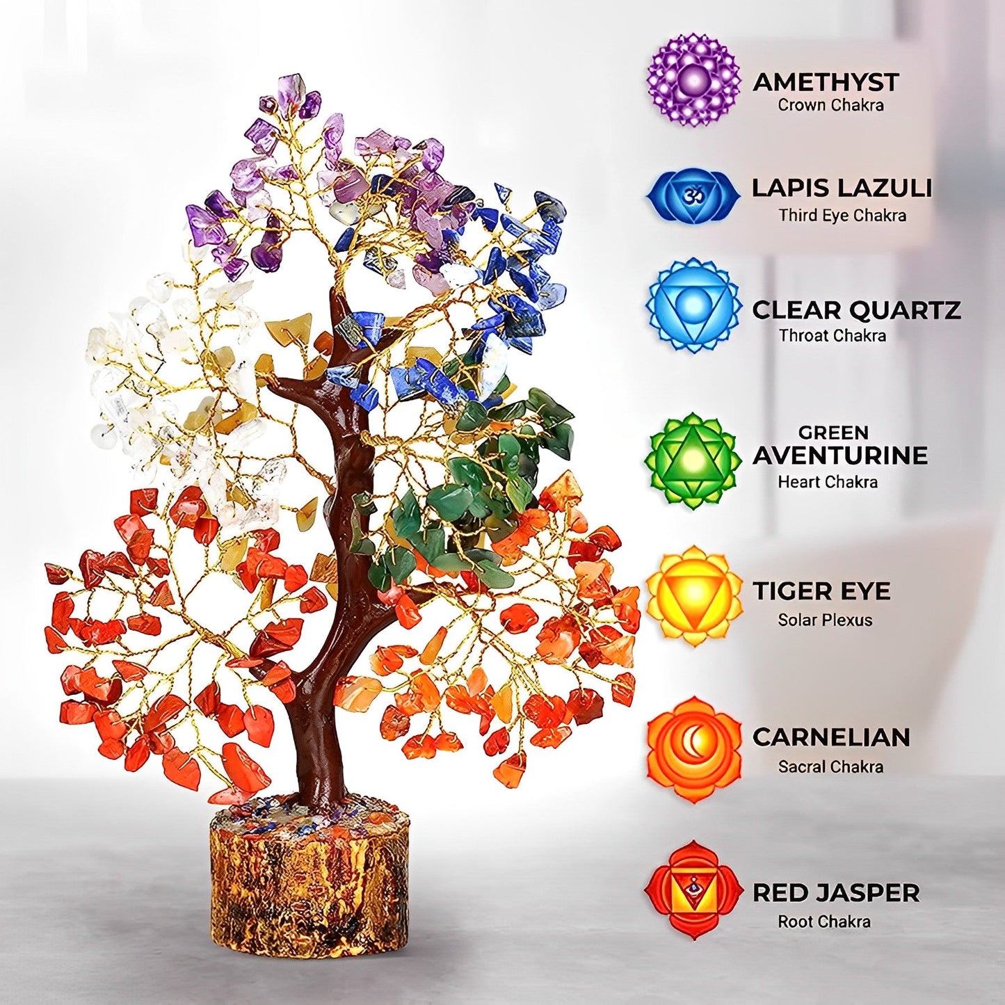 Seven Chakra Gemstone Tree Natural Crystal 150 Beads Feng Shui Wealth Tree 7 Chakra Home Decor Healing- Inditrend